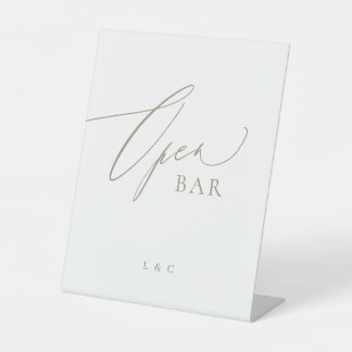 Sage Green Calligraphy Wedding Open Bar Pedestal Sign