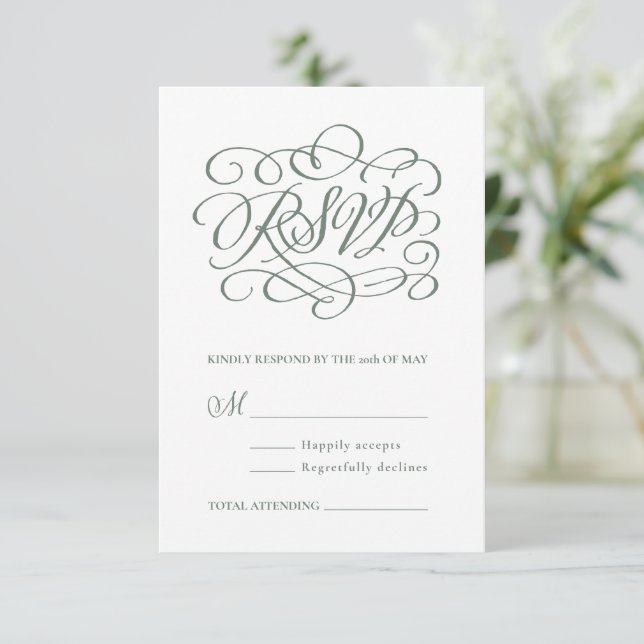 Sage Green Calligraphy Wedding RSVP Card (Standing Front)