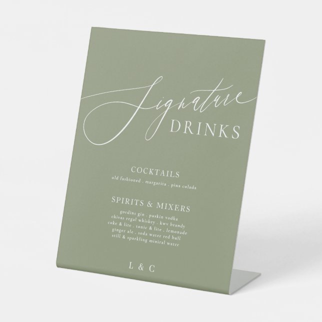 Sage Green Calligraphy Wedding Signature Drinks Pedestal Sign (Front)