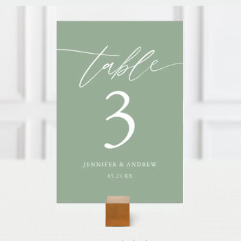 Sage Green Calligraphy Wedding Table Number by SweetRainDesign at Zazzle