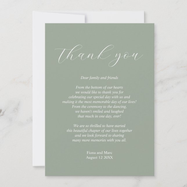 Sage green calligraphy wedding thank you card  (Front)