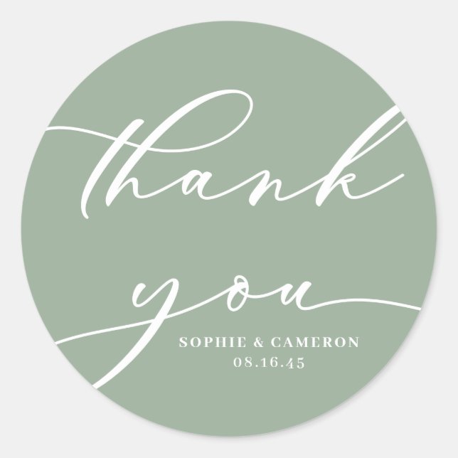 Sage Green Calligraphy Wedding Thank You Classic Round Sticker (Front)