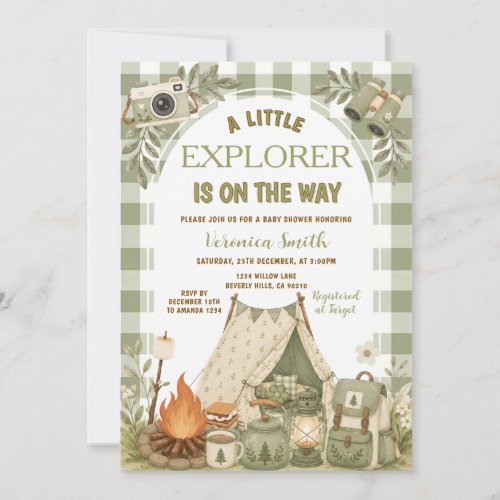 Sage Green Camping Little Explorer Baby Shower Invitation