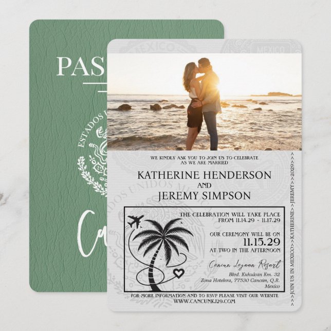 Sage Green Cancun Passport Wedding Invitation (Front/Back)