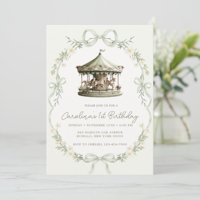 Sage Green Carousel Merry-go-round Birthday Invitation (Standing Front)
