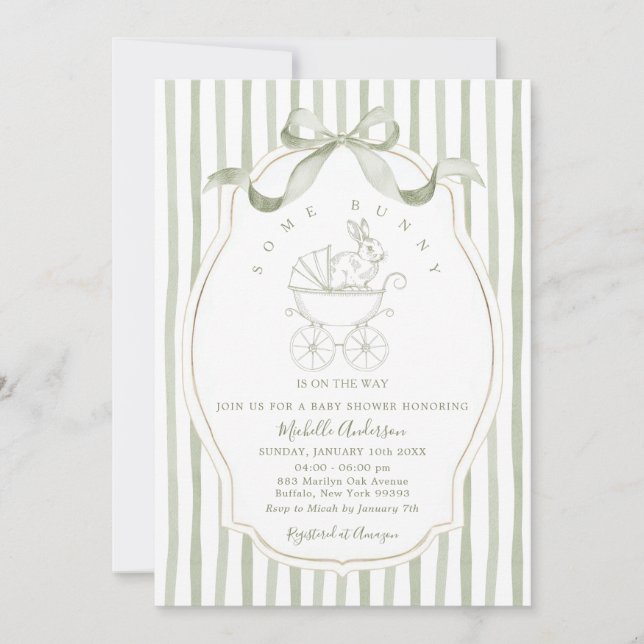 Sage Green Carriage Bunny Baby Shower Invitation (Front)
