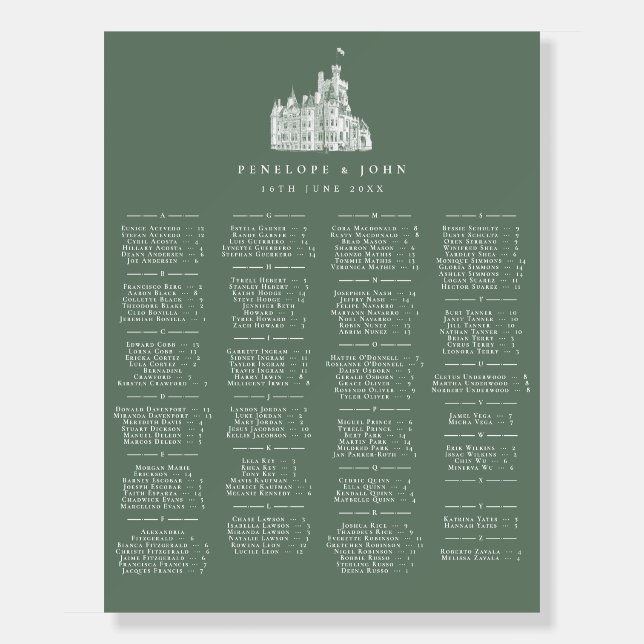 Sage Green Castle Alphabetical Wedding Seat Chart Foam Board (Front)