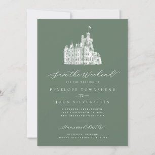 Sage Green Castle Illustration Weekend Wedding Save The Date