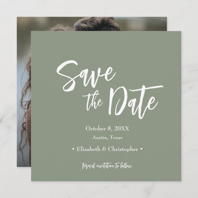 Sage Green Casual Script Photo save the date Invitation (Front/Back)