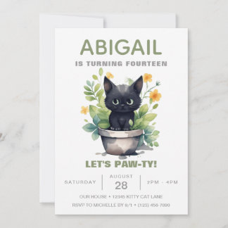 Sage Green Cat Houseplant Trendy Kitten Birthday Invitation