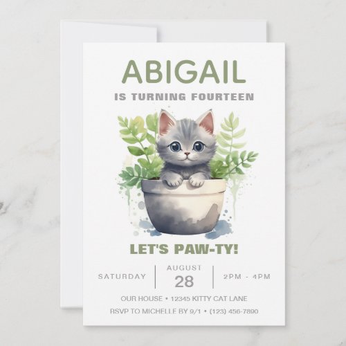 Sage Green Cat Houseplant Trendy Kitten Birthday Invitation