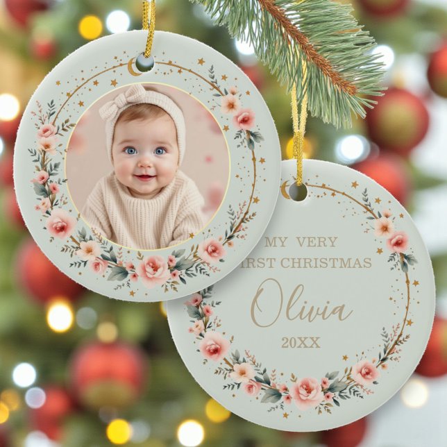 Sage Green Celestial Baby First Christmas Photo Ceramic Ornament (Creator Uploaded)