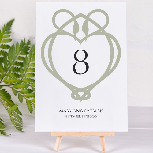 Sage Green Celtic Irish Swan Love Knot Wedding Table Number