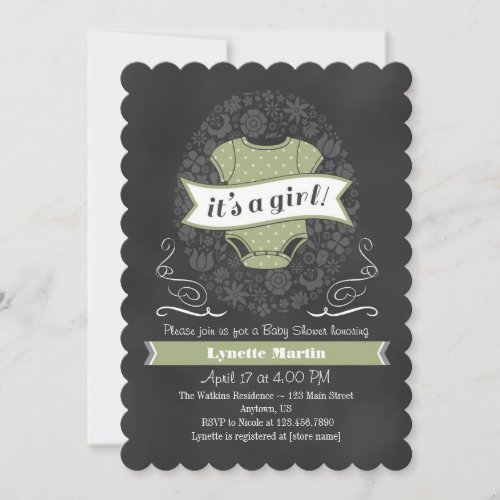 Sage Green Chalkboard Girl Baby Shower Invite