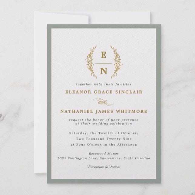 Sage Green & Champagne Gold Monogram Wedding  Invitation (Front)