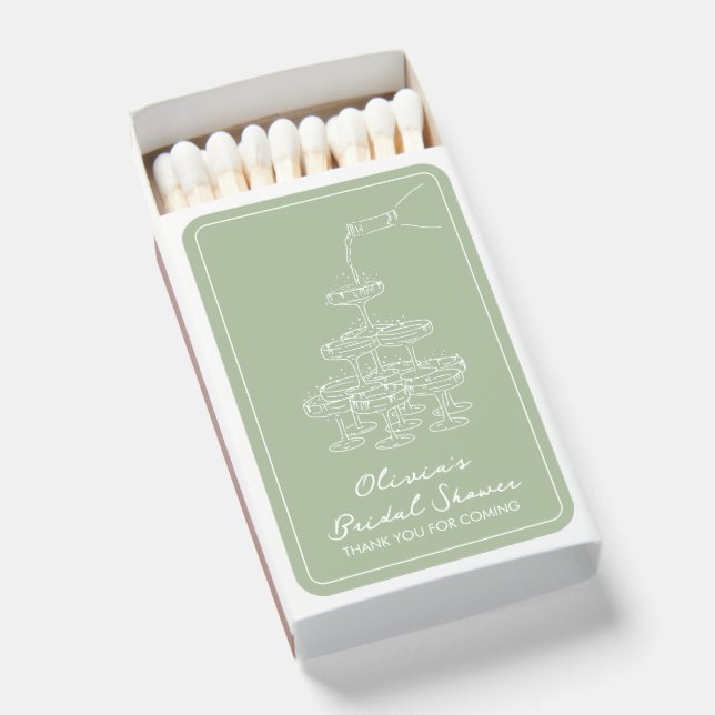 Sage Green Champagne Tower Bridal Shower Favor Matchboxes (Front Open)