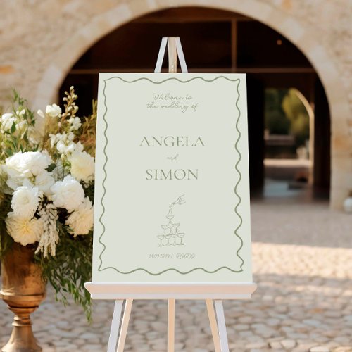 Sage Green Champagne Tower Wedding Welcome Sign