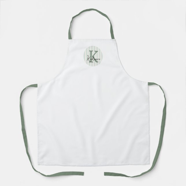 Sage Green Charcoal Custom Striped Circle Monogram Apron (Front)