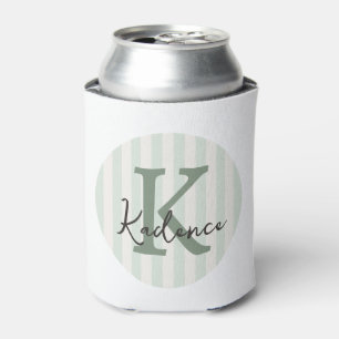 Sage Green Charcoal Custom Striped Circle Monogram Can Cooler