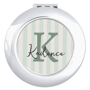 Sage Green Charcoal Custom Striped Circle Monogram Compact Mirror