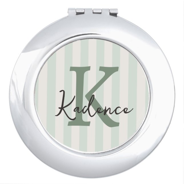 Sage Green Charcoal Custom Striped Circle Monogram Compact Mirror (Front)