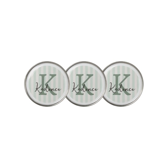 Sage Green Charcoal Custom Striped Circle Monogram Golf Ball Marker (3 Up)