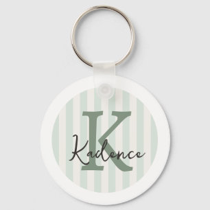 Sage Green Charcoal Custom Striped Circle Monogram Keychain