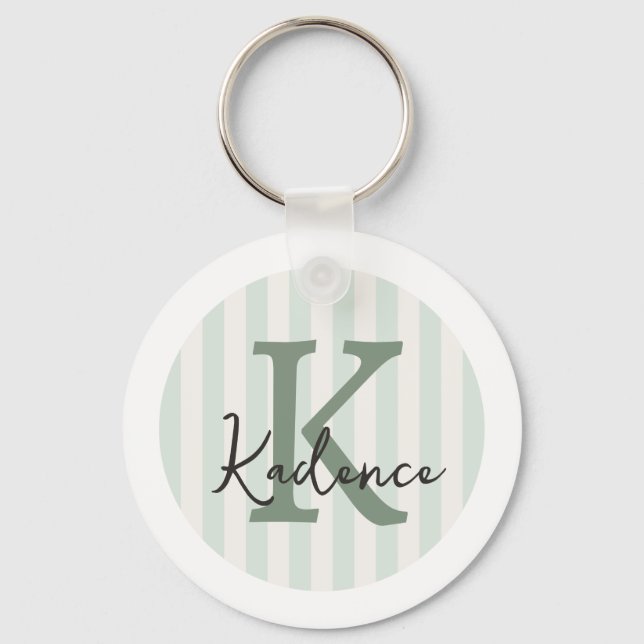 Sage Green Charcoal Custom Striped Circle Monogram Keychain (Front)