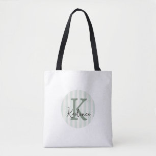 Sage Green Charcoal Custom Striped Circle Monogram Tote Bag