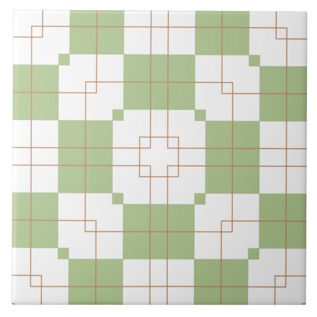 Sage Green Checkerboard Grid Pattern Ceramic Tile (Front)