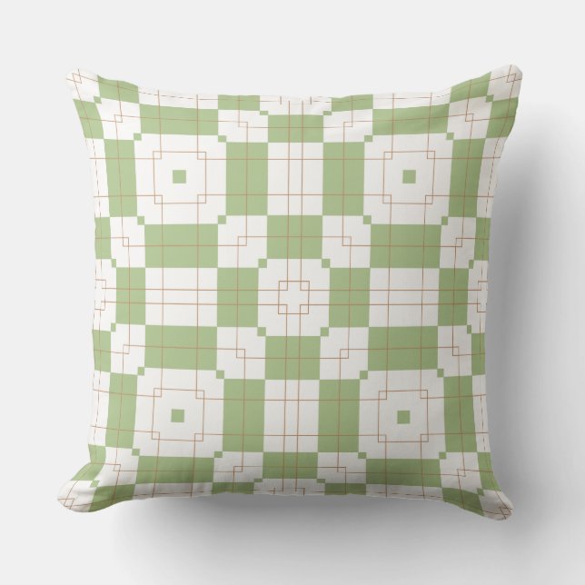 Sage Green Checkerboard Grid Pattern Throw Pillow (Front)