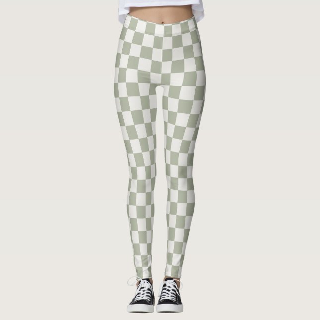 Sage Green Checkerboard Leggings - Earthy & Chic (Front)
