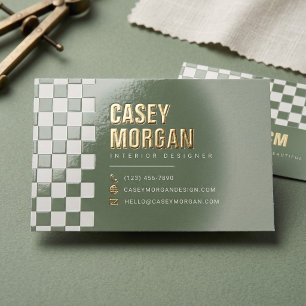 Sage Green Checkerboard Modern Foil Spot Gloss Business Cards