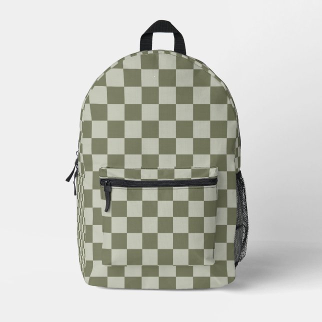 Sage Green Checkerboard Printed Backpack (Front)
