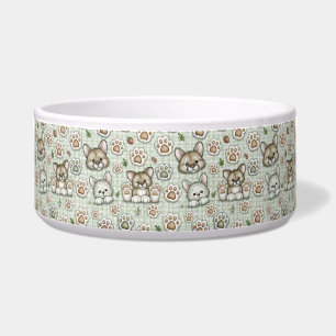 Sage Green Checkered Kitten Paw Print Ceramic Pet Bowl