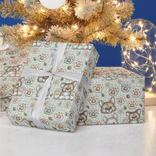 Sage Green Checkered Kitten Paw Print Wrapping Pap Paper
