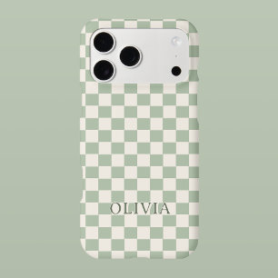 Sage Green Checkered Personalized Name iPhone 17 Pro Max Case