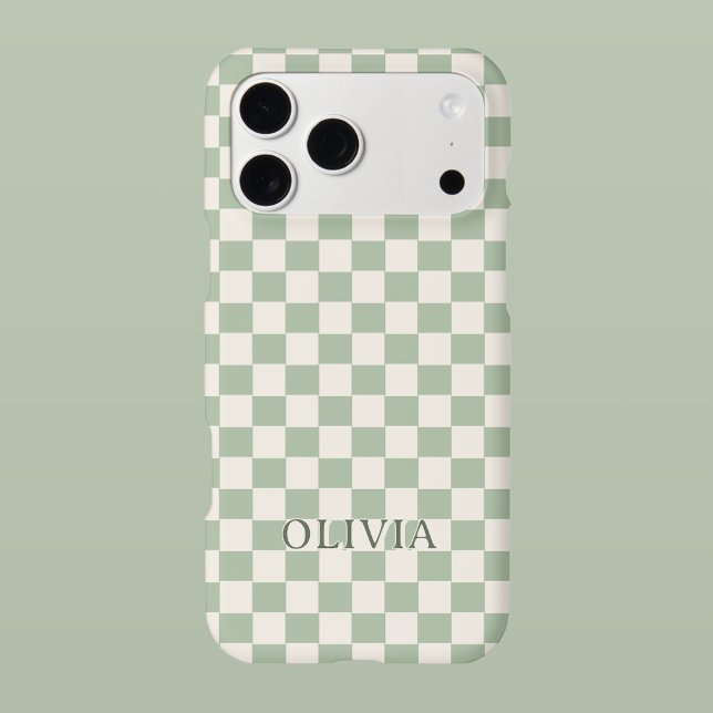 Sage Green Checkered Personalized Name  iPhone Case (Personalized Phone Case | Trendy Checker Pattern Design Sage Green)