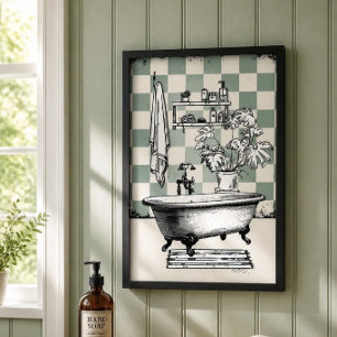 Sage Green Checkered Vintage Clawfoot Tub Bathroom Poster
