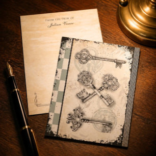 Sage Green Checkered Vintage Keys Dark Academia Note Card