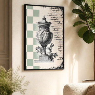 Sage Green Checkered Vintage Urn Classical Sketch Poster
