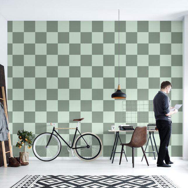 Sage Green Checkered Wallpaper (Living Room)