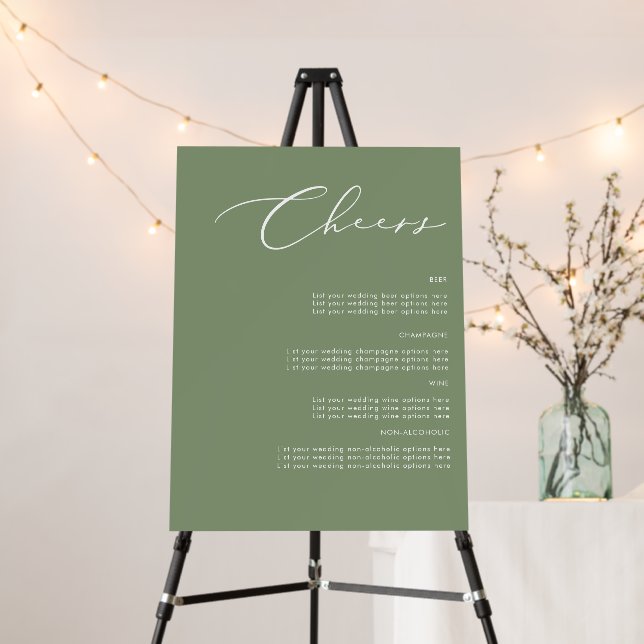 Sage Green Cheers Wedding Drinks Menu Sign (In Situ (Stand))
