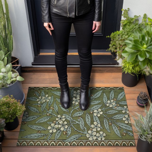 Sage Green Cherry Blossom Art Deco Walter Crane Doormat (Creator Uploaded)