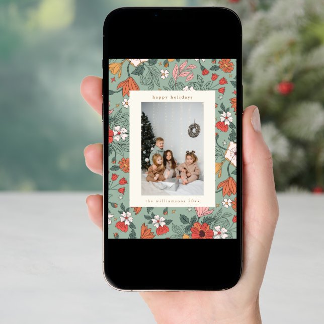 Sage Green Chic Botanical Custom Vertical Photo Holiday Card (Front Digital)