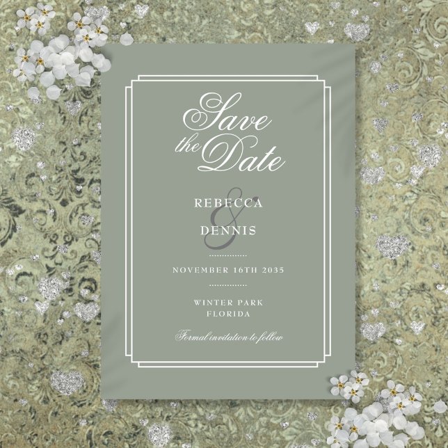 Sage Green Chic Elegant Script Art Deco Wedding Save The Date (Sage Green Chic Elegant Script Art Deco Wedding Save The Date)