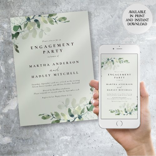 Sage Green Chic Eucalyptus Engagement Party Invitation