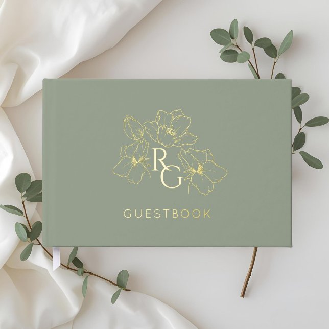 Sage Green | Chic Monogram Wedding Guest Book (Creator Uploaded)