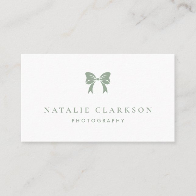 Sage Green Chic Ribbon Bow Minimalist Business Card (Front)