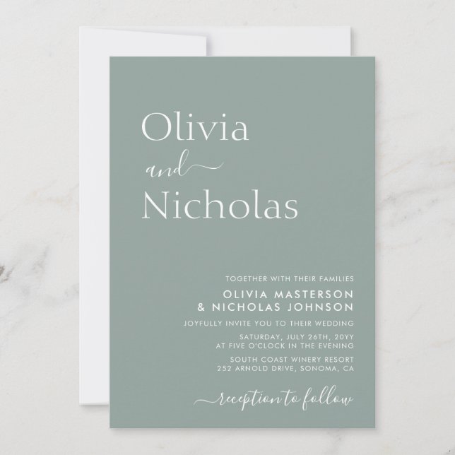 Sage Green Chic Script QR Code Photo Wedding Invitation (Front)